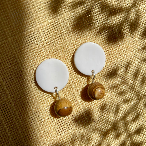 White Circle Stud Gold or Silver Plated Earrings - Picture Jasper Gemstones