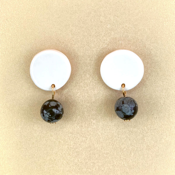 White Circle Stud Gold or Silver Plated Earrings - Snowflake Obsidian Gemstones